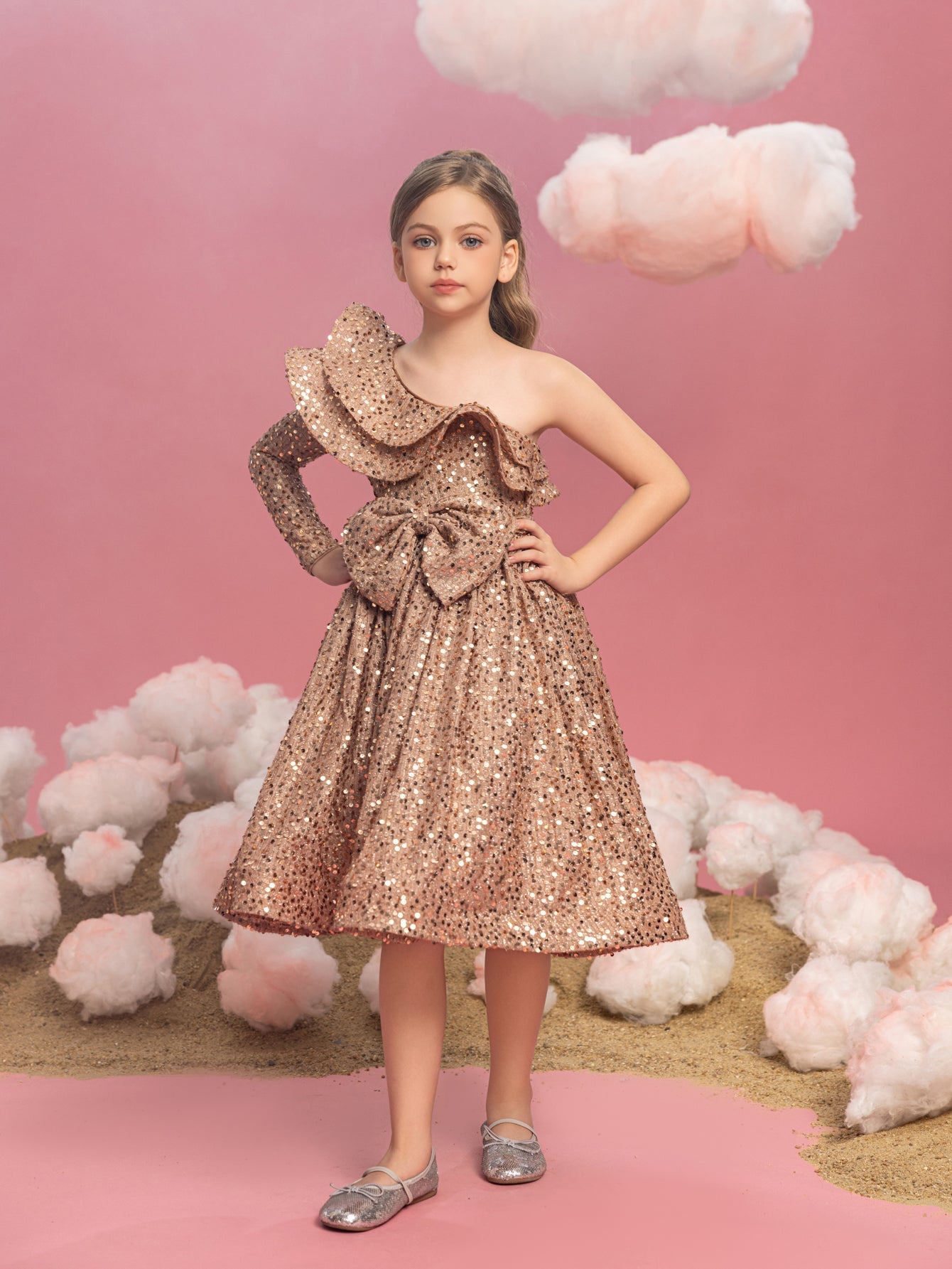 Additional product view of Ruffle Trim One-Shoulder Sequin A-Line Midi Tween Girls' Party Dress