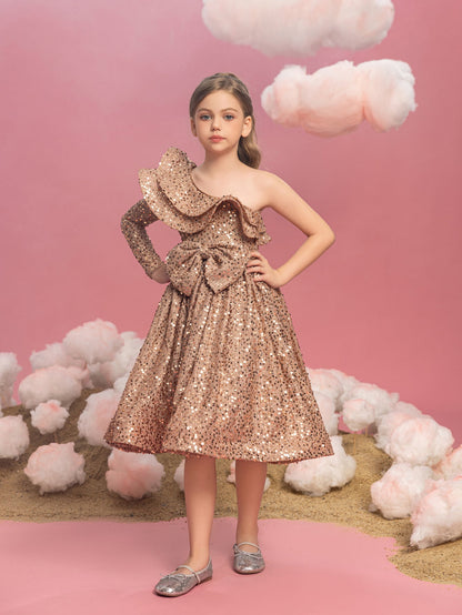Additional product view of Ruffle Trim One-Shoulder Sequin A-Line Midi Tween Girls' Party Dress