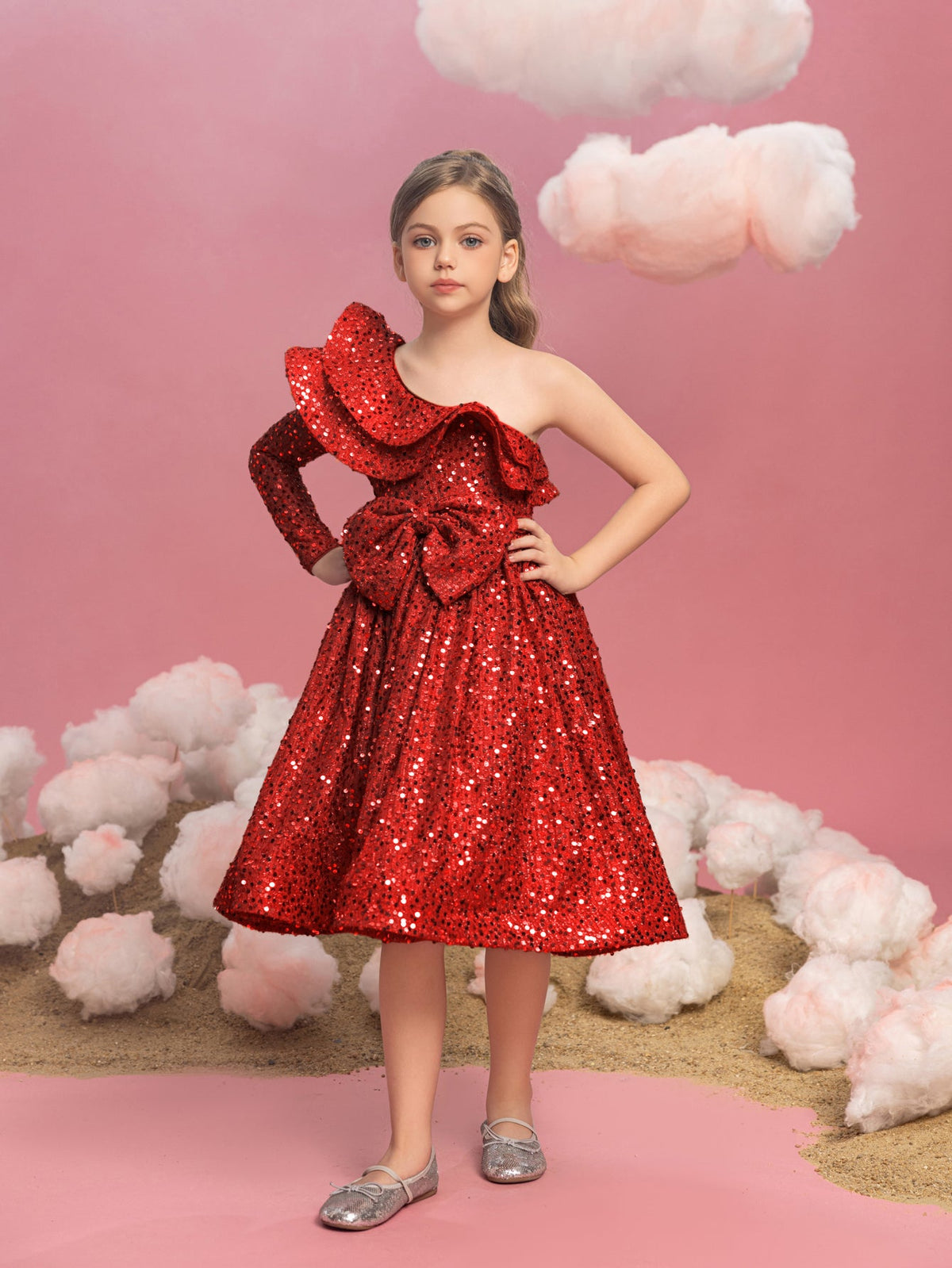 Additional product view of Ruffle Trim One-Shoulder Sequin A-Line Midi Tween Girls' Party Dress