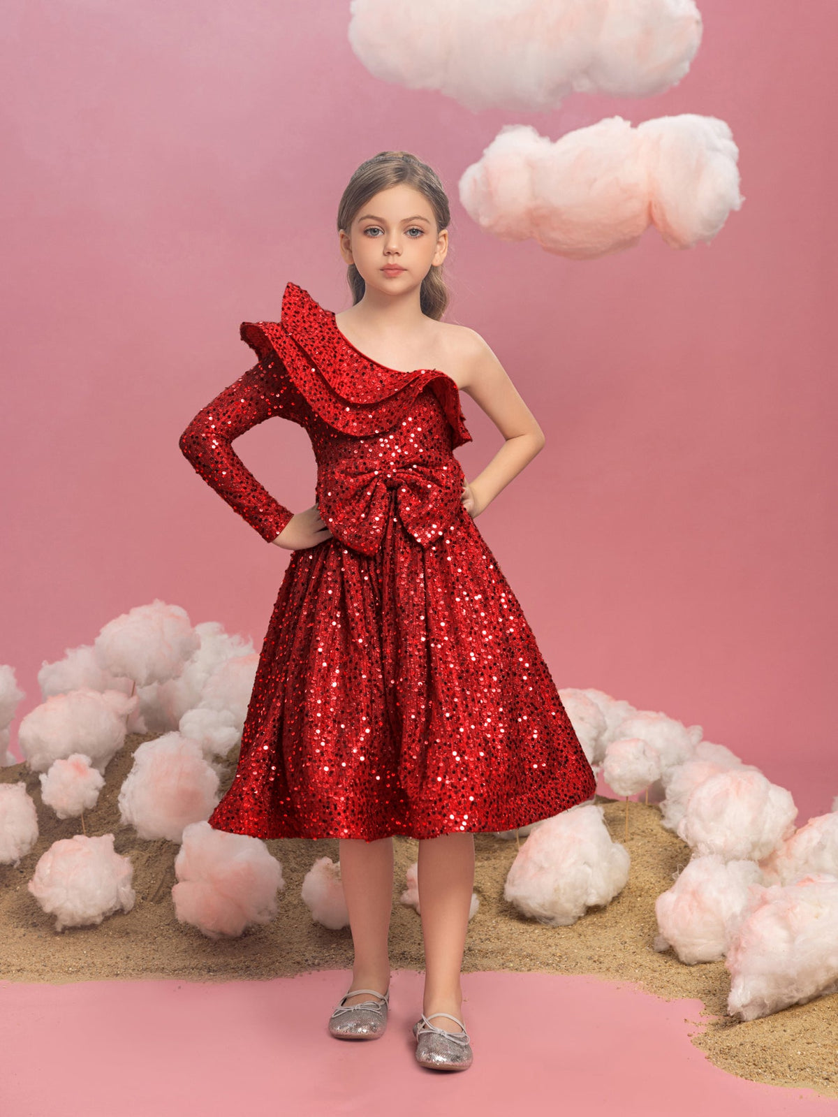 Additional product view of Ruffle Trim One-Shoulder Sequin A-Line Midi Tween Girls' Party Dress