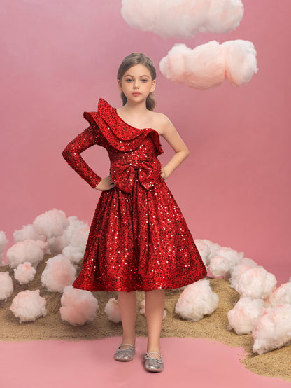 Additional product view of Ruffle Trim One-Shoulder Sequin A-Line Midi Tween Girls' Party Dress