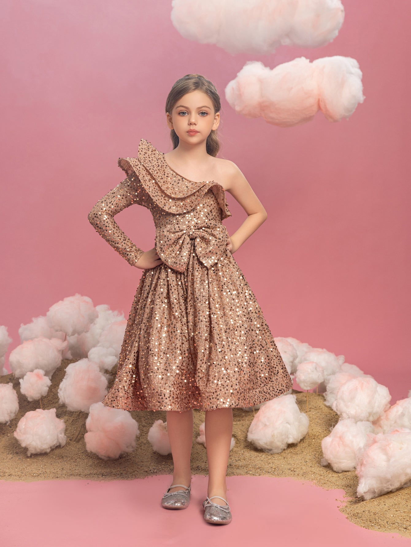 Additional product view of Ruffle Trim One-Shoulder Sequin A-Line Midi Tween Girls' Party Dress