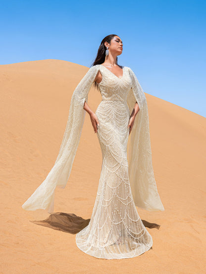Gorgeous Beaded Sequin Mermaid Gown with Cape Sleeves – Elegant Evening Dress for Weddings, Red Carpet Galas & Opera Nights – view 6