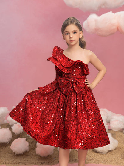 Additional product view of Ruffle Trim One-Shoulder Sequin A-Line Midi Tween Girls' Party Dress