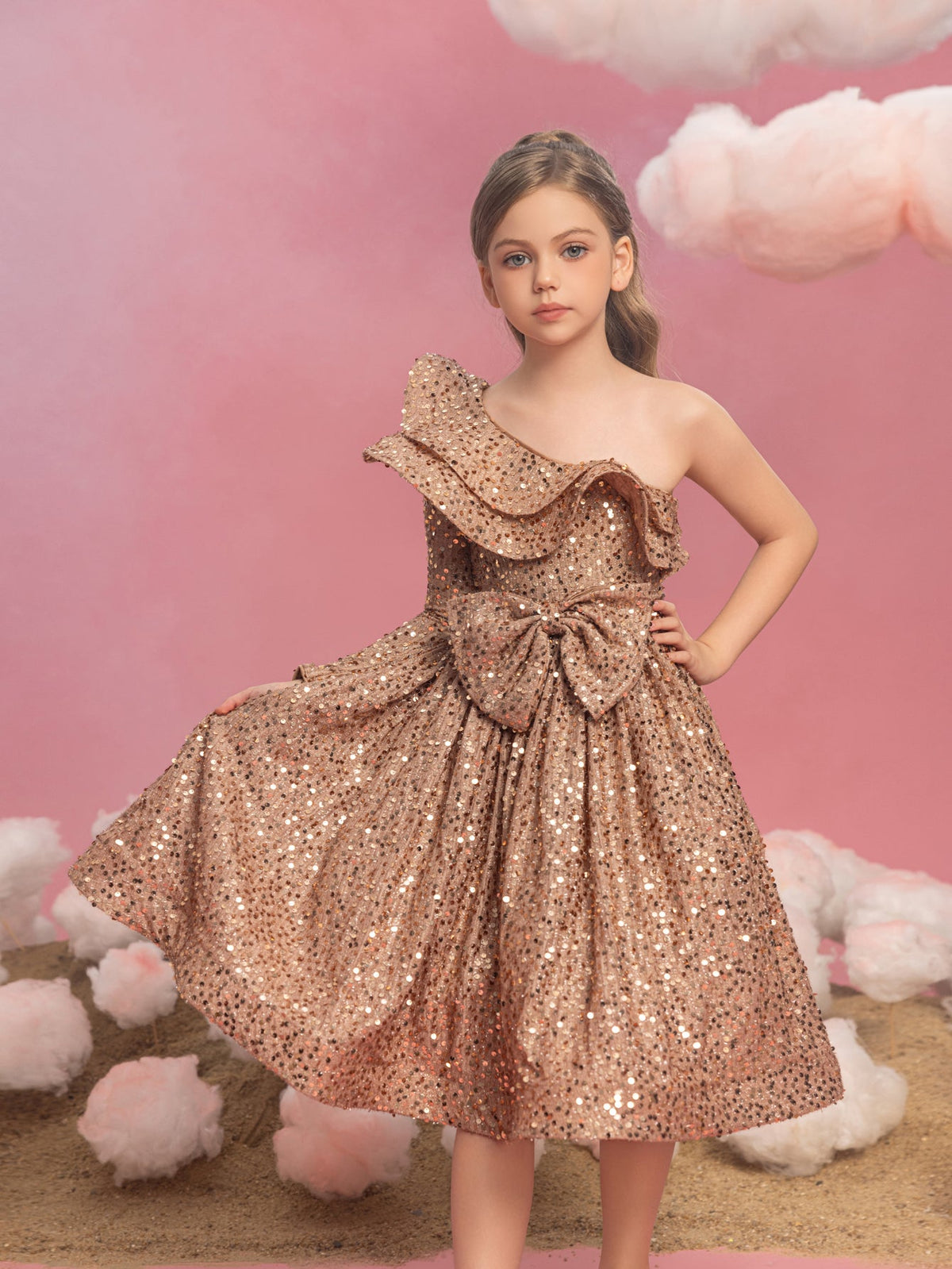 Additional product view of Ruffle Trim One-Shoulder Sequin A-Line Midi Tween Girls' Party Dress