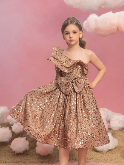 Additional product view of Ruffle Trim One-Shoulder Sequin A-Line Midi Tween Girls' Party Dress