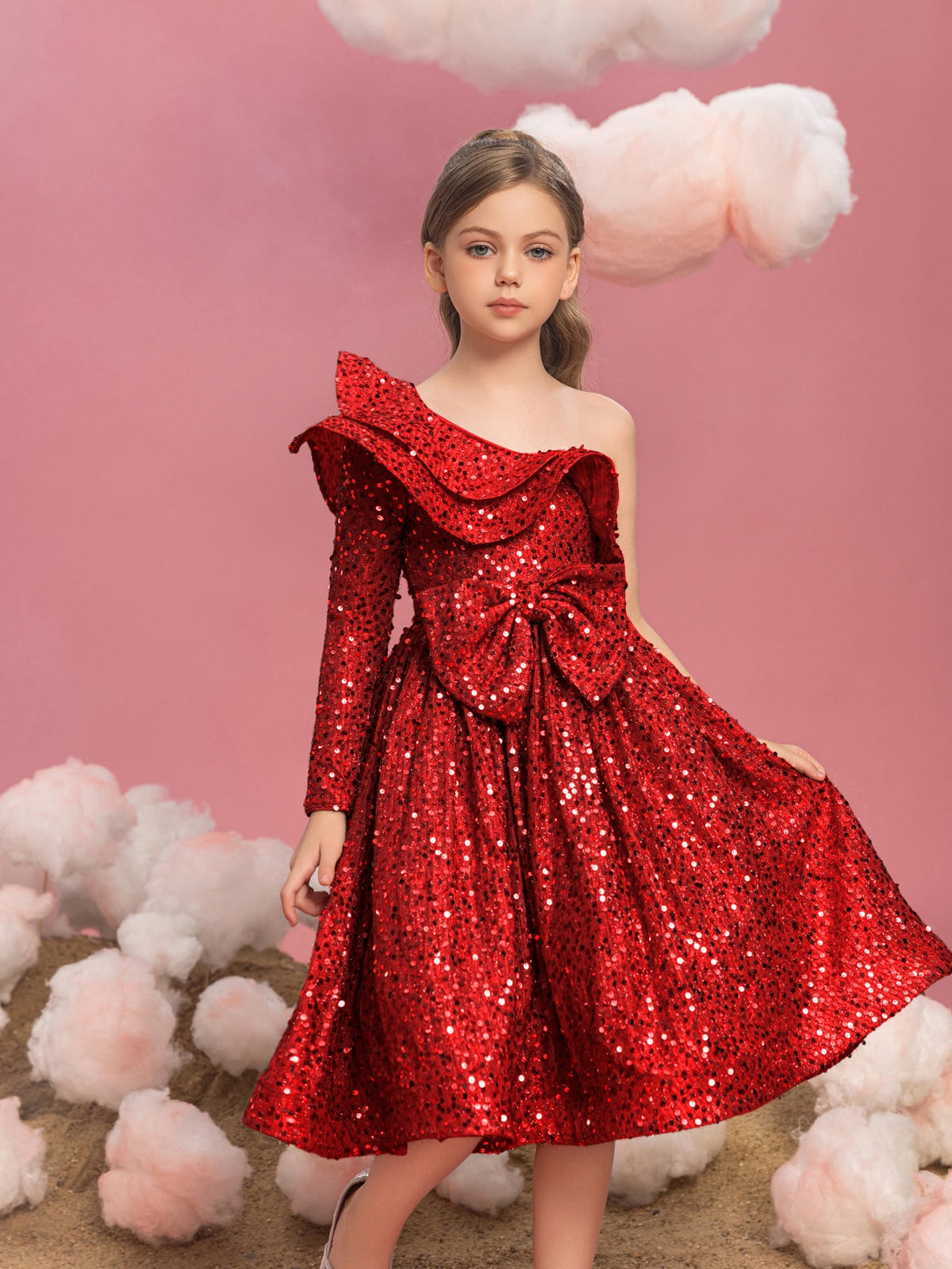 Additional product view of Ruffle Trim One-Shoulder Sequin A-Line Midi Tween Girls' Party Dress