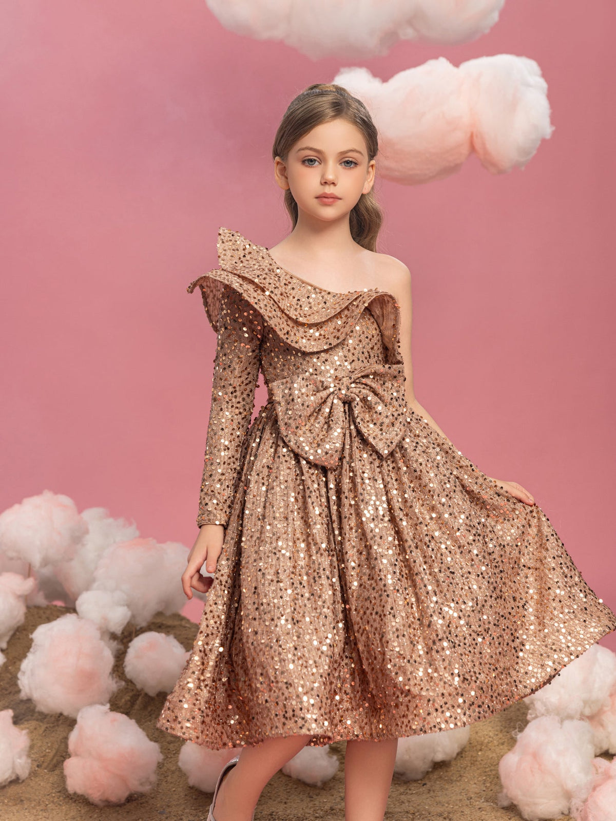Alternate view of Ruffle Trim One-Shoulder Sequin A-Line Midi Tween Girls' Party Dress in Champagne