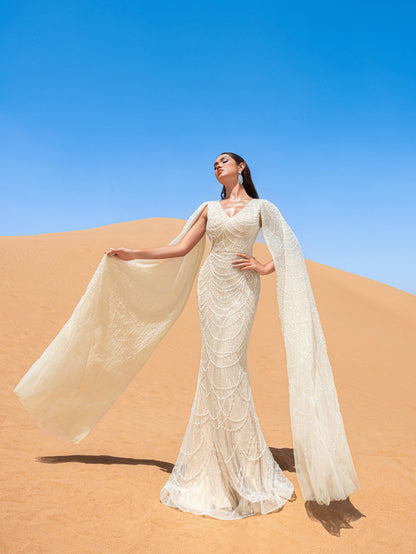 Gorgeous Beaded Sequin Mermaid Gown with Cape Sleeves – Elegant Evening Dress for Weddings, Red Carpet Galas & Opera Nights – view 7