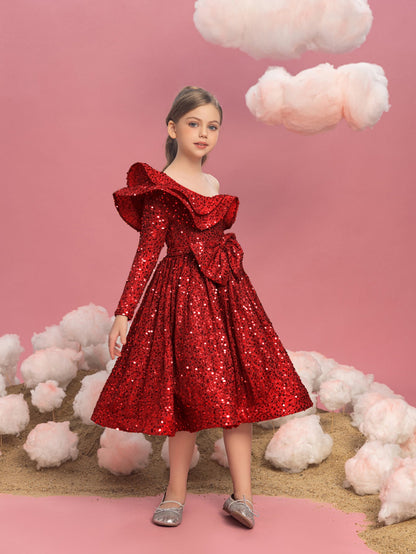 Additional product view of Ruffle Trim One-Shoulder Sequin A-Line Midi Tween Girls' Party Dress