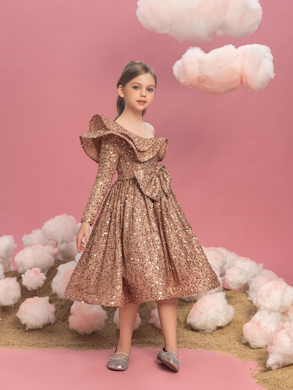 Additional product view of Ruffle Trim One-Shoulder Sequin A-Line Midi Tween Girls' Party Dress