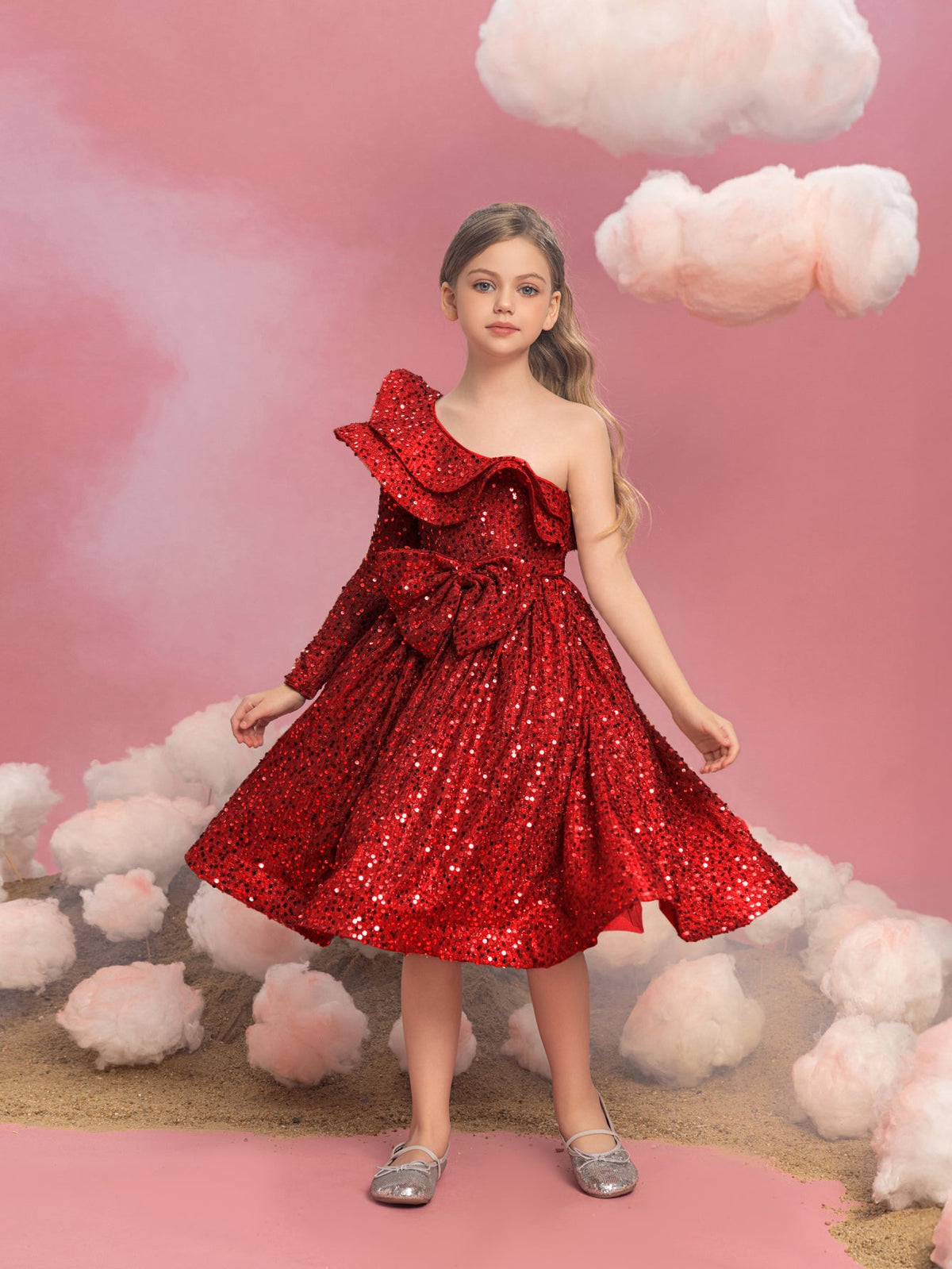 Alternate view of Ruffle Trim One-Shoulder Sequin A-Line Midi Tween Girls' Party Dress in Red