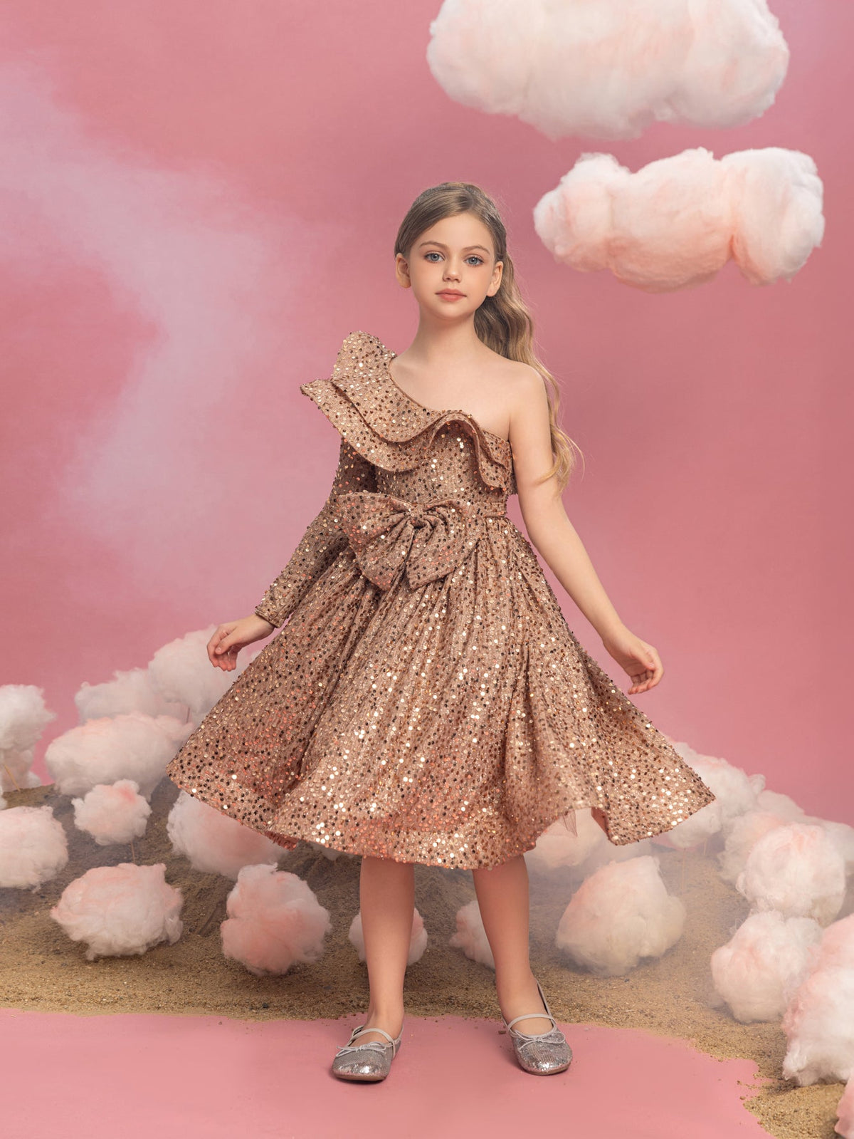Ruffle Trim One-Shoulder Sequin A-Line Midi Tween Girls' Party Dress