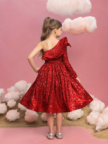 Additional product view of Ruffle Trim One-Shoulder Sequin A-Line Midi Tween Girls' Party Dress
