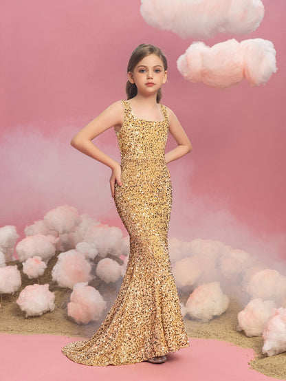 Additional product view of Mermaid Hem Square-Neck Sequin Sleeveless Maxi Tween Girls' Party Dress