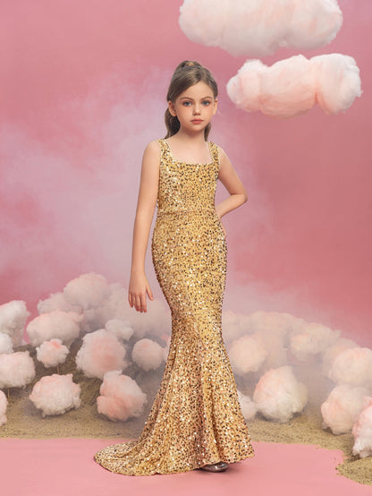 Additional product view of Mermaid Hem Square-Neck Sequin Sleeveless Maxi Tween Girls' Party Dress