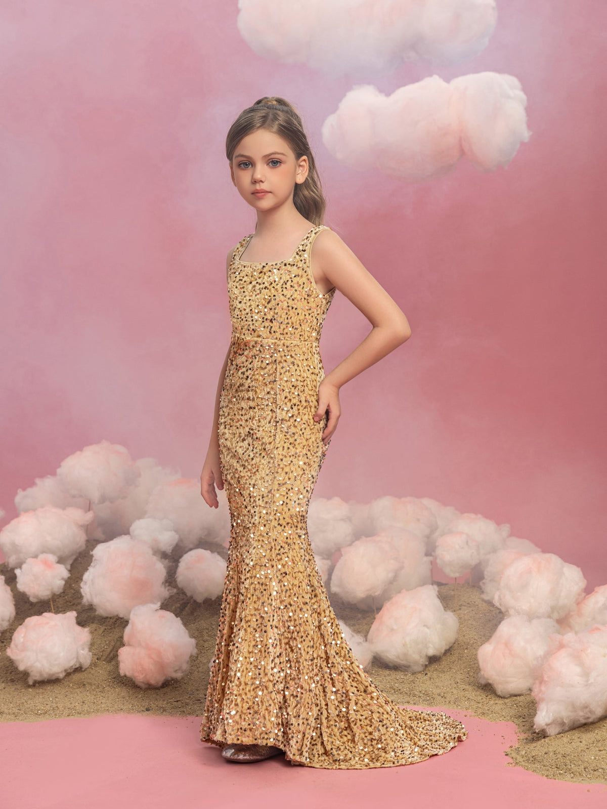 Additional product view of Mermaid Hem Square-Neck Sequin Sleeveless Maxi Tween Girls' Party Dress