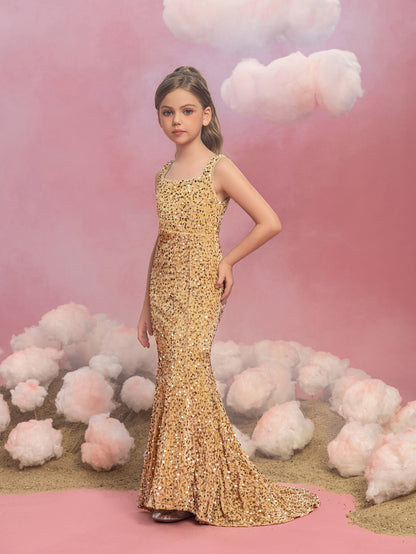 Additional product view of Mermaid Hem Square-Neck Sequin Sleeveless Maxi Tween Girls' Party Dress