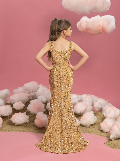 Additional product view of Mermaid Hem Square-Neck Sequin Sleeveless Maxi Tween Girls' Party Dress