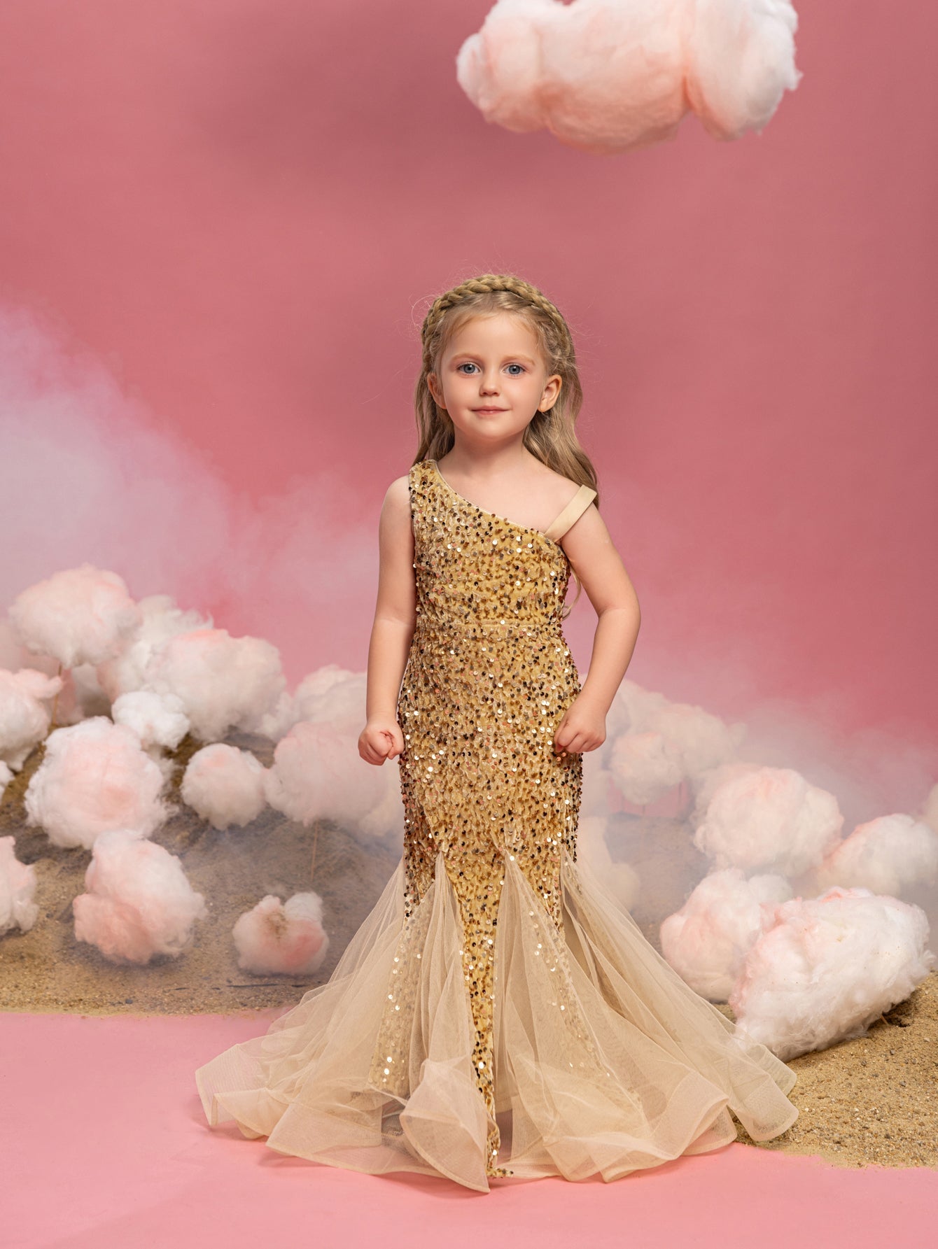 Alternate view of Mesh Insert Mermaid Hem One-Shoulder Sequin Sleeveless Young Girls' Party Dress in Champagne