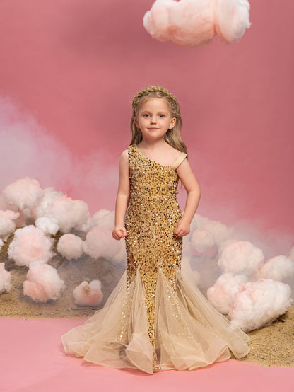 Alternate view of Mesh Insert Mermaid Hem One-Shoulder Sequin Sleeveless Young Girls' Party Dress in Champagne