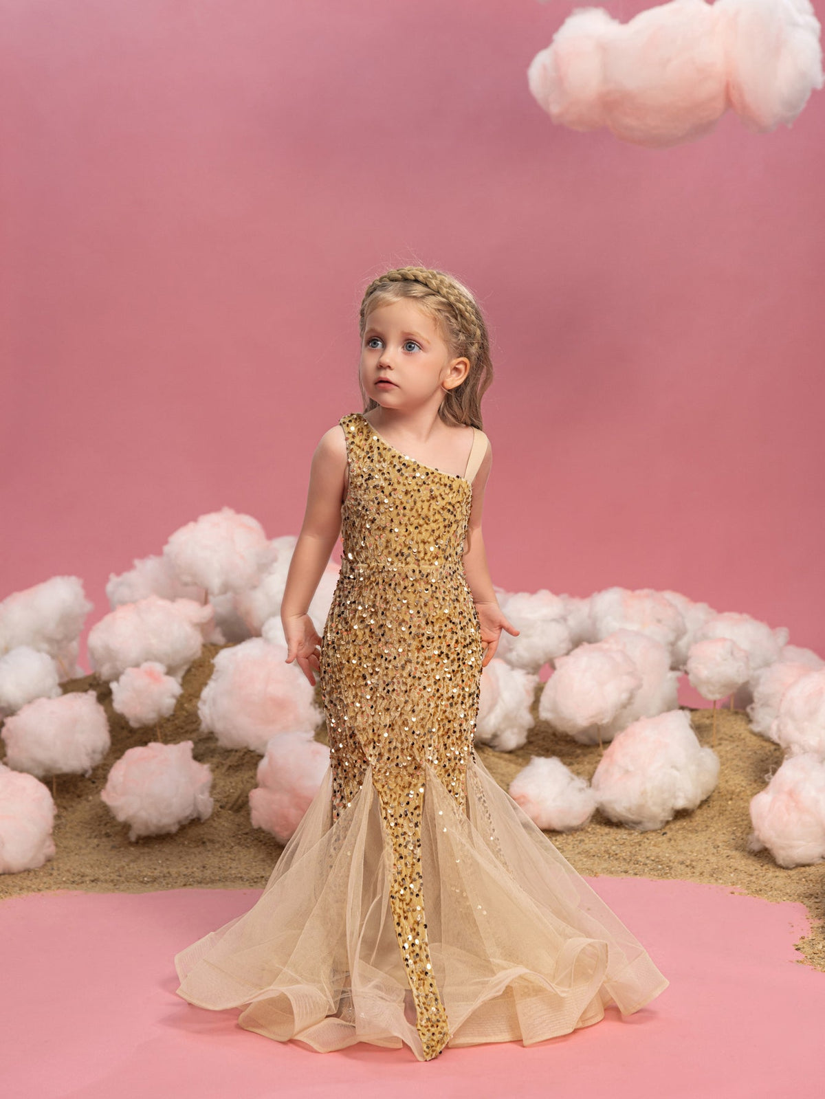 Additional product view of Mesh Insert Mermaid Hem One-Shoulder Sequin Sleeveless Young Girls' Party Dress