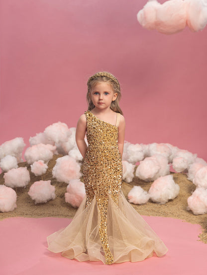 Additional product view of Mesh Insert Mermaid Hem One-Shoulder Sequin Sleeveless Young Girls' Party Dress