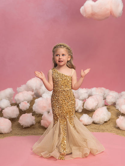 Additional product view of Mesh Insert Mermaid Hem One-Shoulder Sequin Sleeveless Young Girls' Party Dress