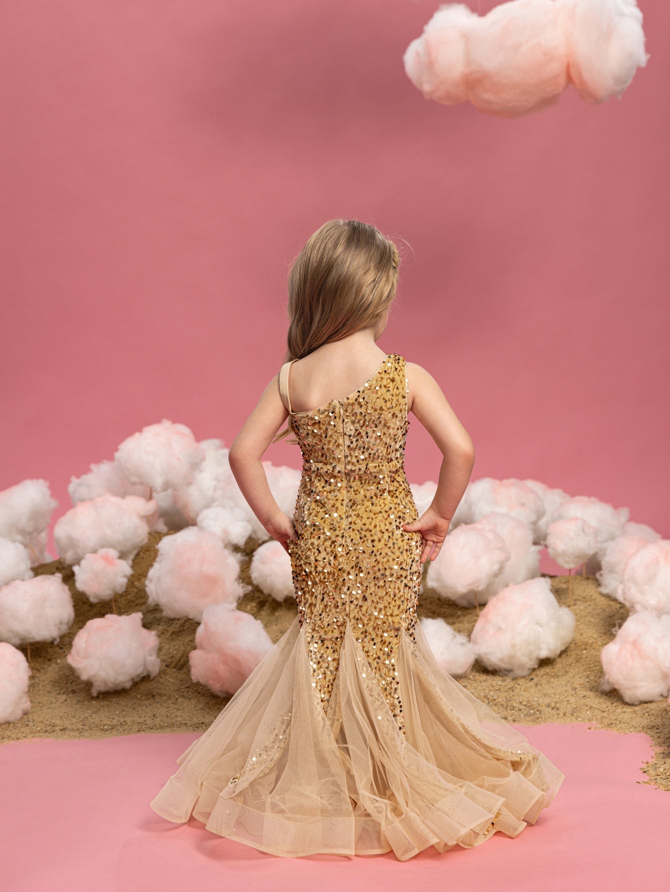 Additional product view of Mesh Insert Mermaid Hem One-Shoulder Sequin Sleeveless Young Girls' Party Dress