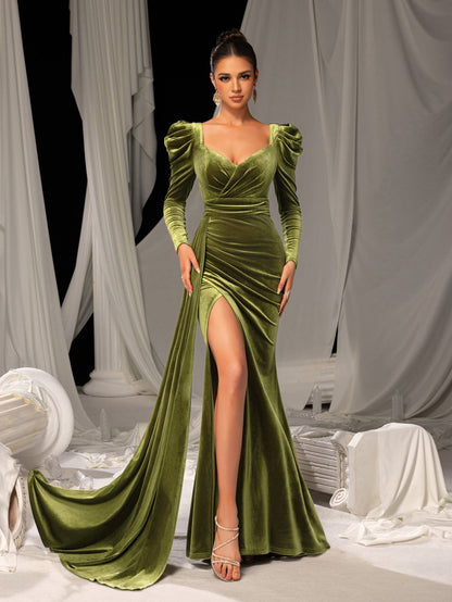 Additional product view of Puff-Sleeve High-Slit Sweetheart-Neck Velvet Mermaid Evening Gown