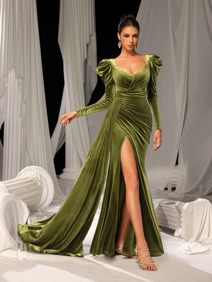 Additional product view of Puff-Sleeve High-Slit Sweetheart-Neck Velvet Mermaid Evening Gown