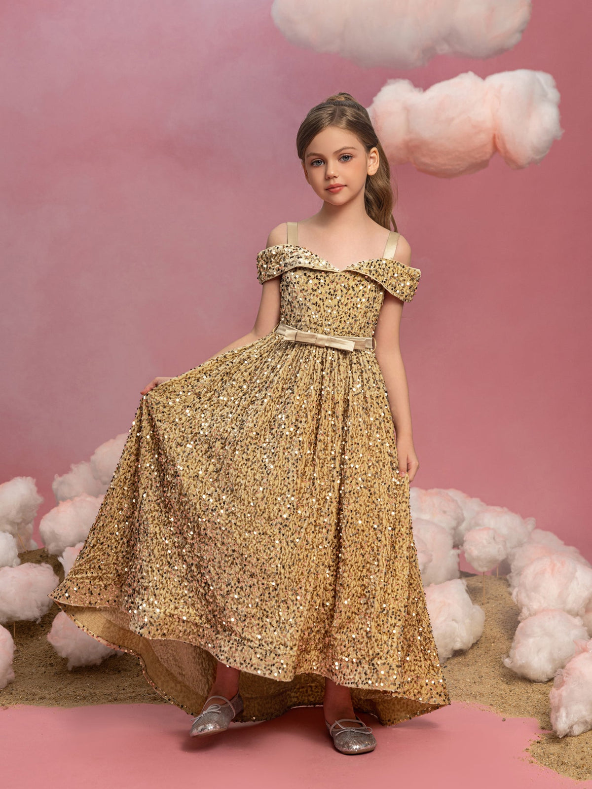 Additional product view of High-Low Hem Off-Shoulder Sequin A-Line Short-Sleeve Tween Girls' Party Dress