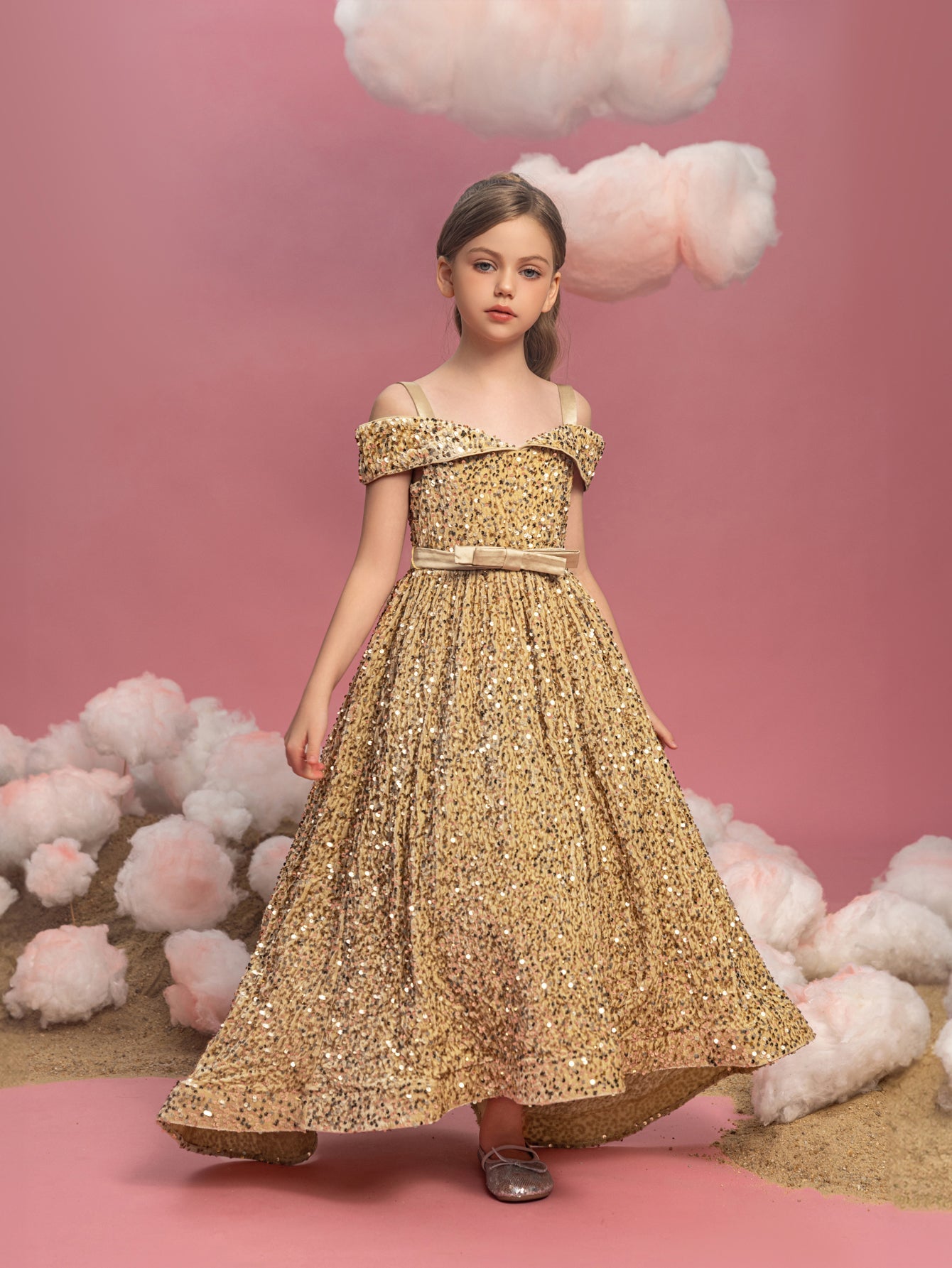 Additional product view of High-Low Hem Off-Shoulder Sequin A-Line Short-Sleeve Tween Girls' Party Dress