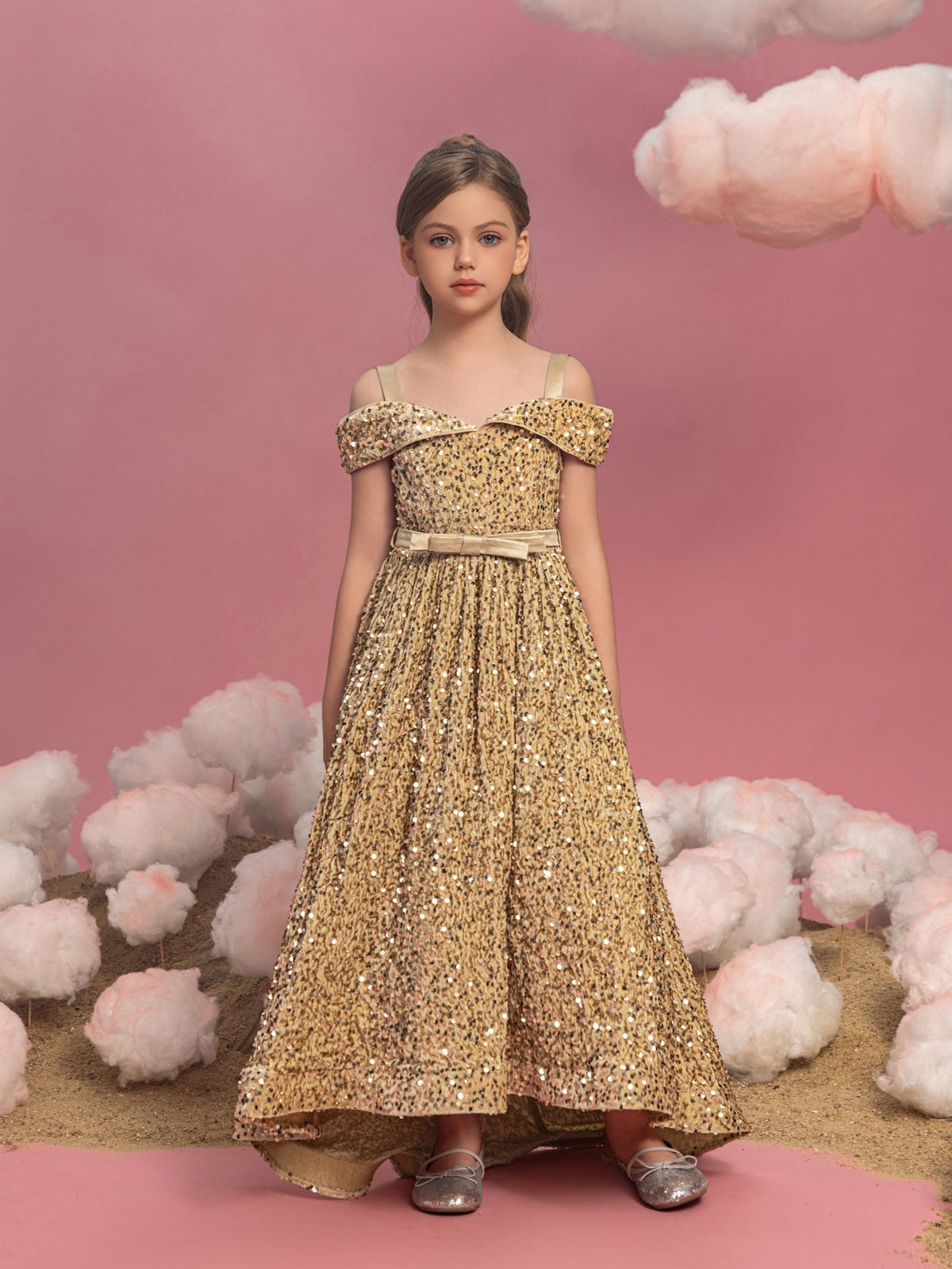 Alternate view of High-Low Hem Off-Shoulder Sequin A-Line Short-Sleeve Tween Girls' Party Dress in Champagne