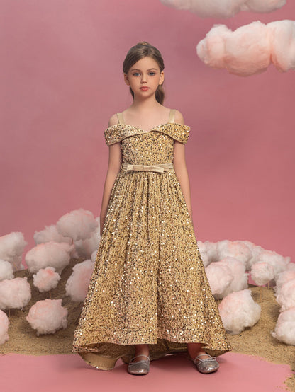 Alternate view of High-Low Hem Off-Shoulder Sequin A-Line Short-Sleeve Tween Girls' Party Dress in Champagne