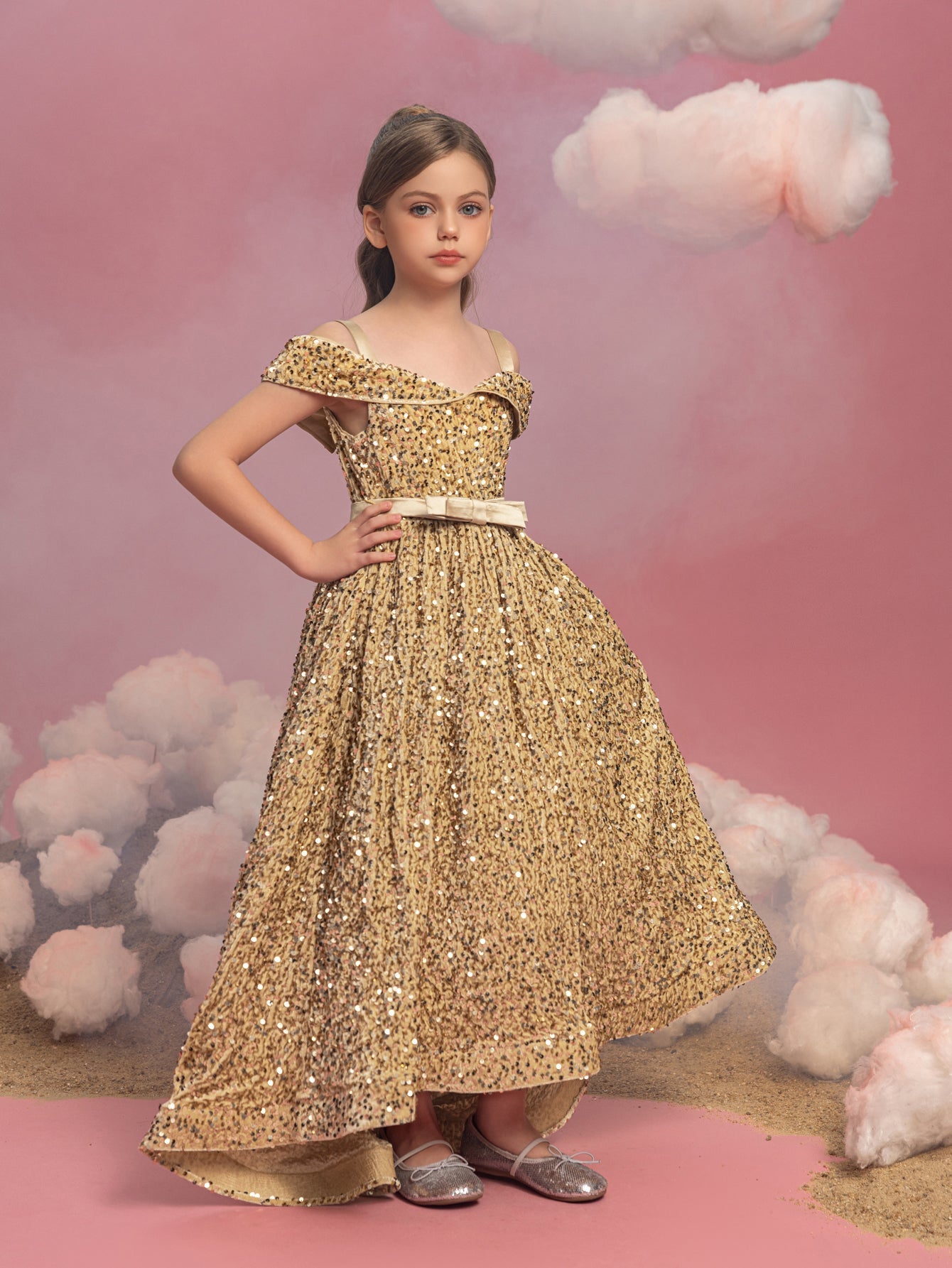 Additional product view of High-Low Hem Off-Shoulder Sequin A-Line Short-Sleeve Tween Girls' Party Dress
