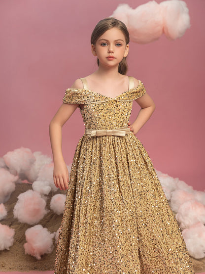 Additional product view of High-Low Hem Off-Shoulder Sequin A-Line Short-Sleeve Tween Girls' Party Dress