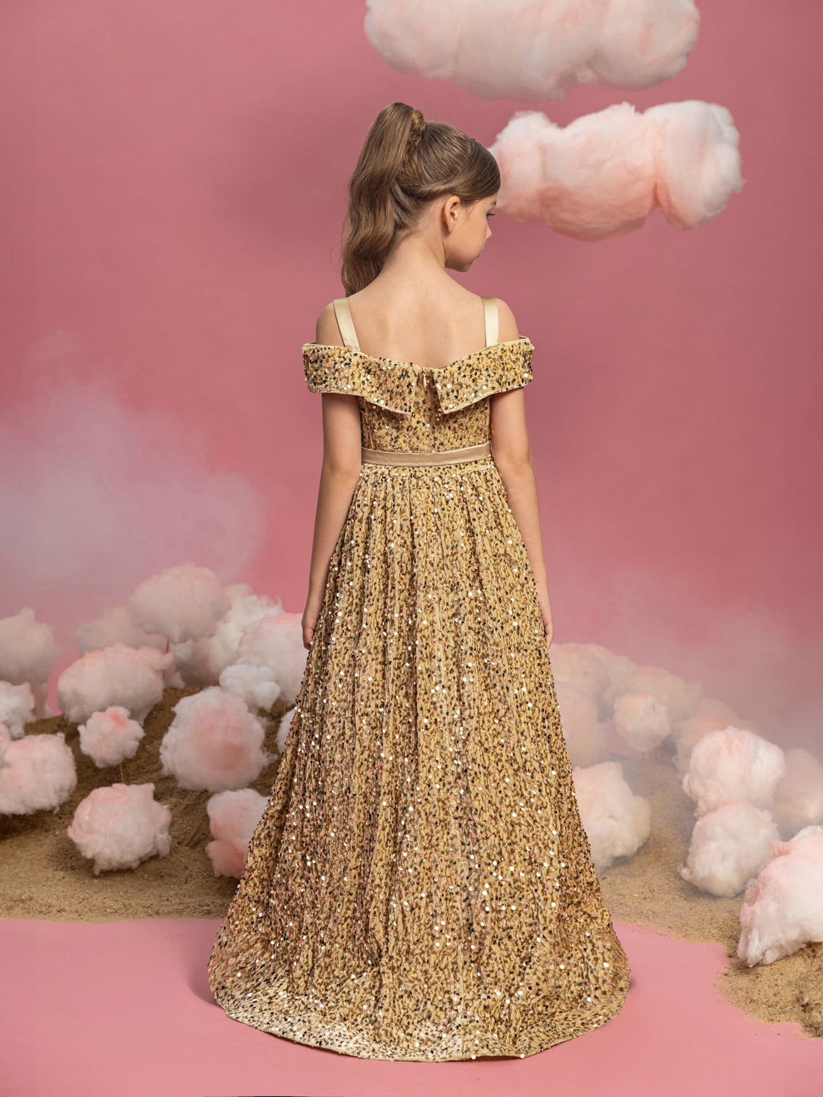 Additional product view of High-Low Hem Off-Shoulder Sequin A-Line Short-Sleeve Tween Girls' Party Dress
