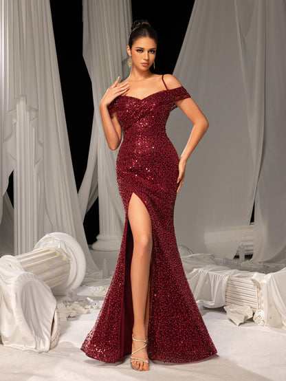 Additional view of Burgundy Off-Shoulder Sequin Mermaid Prom Dress