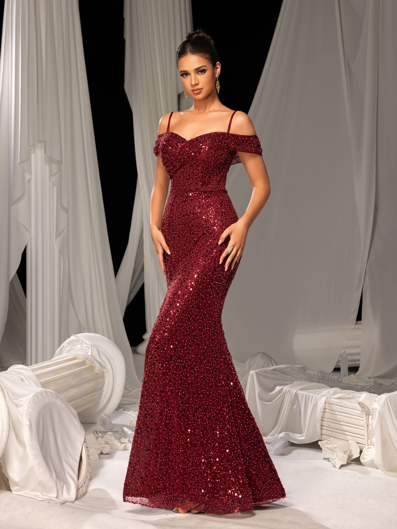 Additional view of Burgundy Off-Shoulder Sequin Mermaid Prom Dress