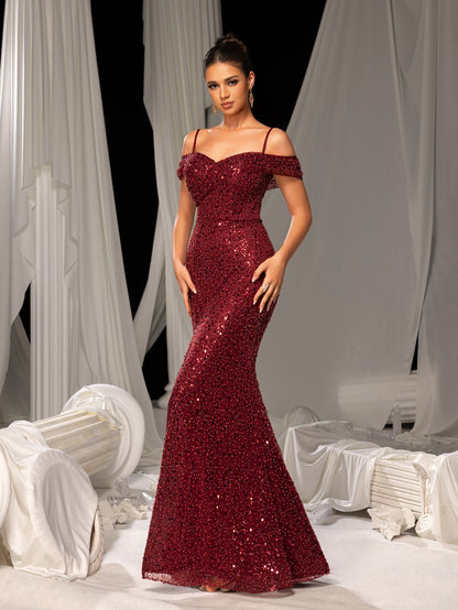Additional view of Burgundy Off-Shoulder Sequin Mermaid Prom Dress