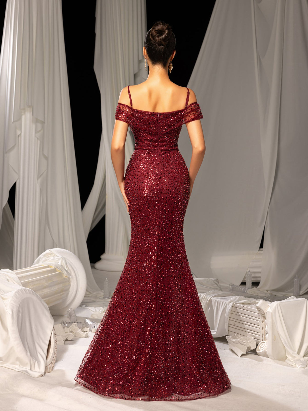 Additional view of Burgundy Off-Shoulder Sequin Mermaid Prom Dress