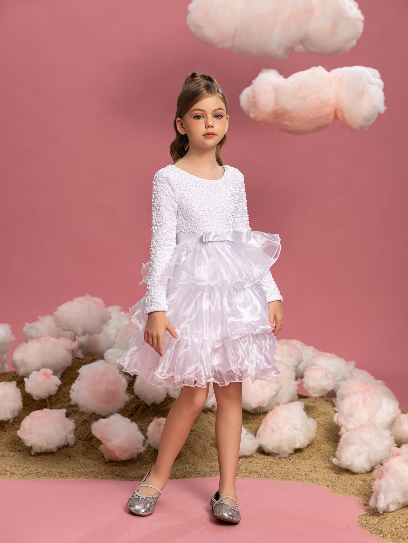 Additional product view of Sequin A-Line Long-Sleeve Midi Tween Girls' Party Dress