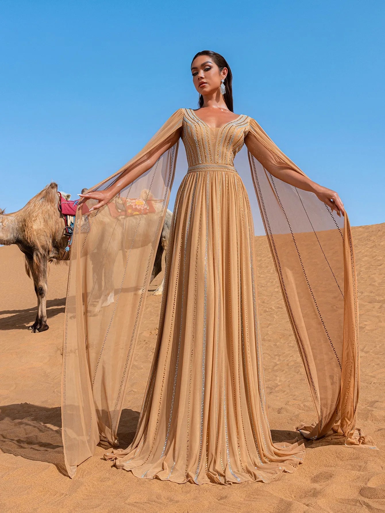 Luxury Gorgeous Rhinestone Detail Plunging Neck Cape Sleeves Formal Prom Dress – view 10