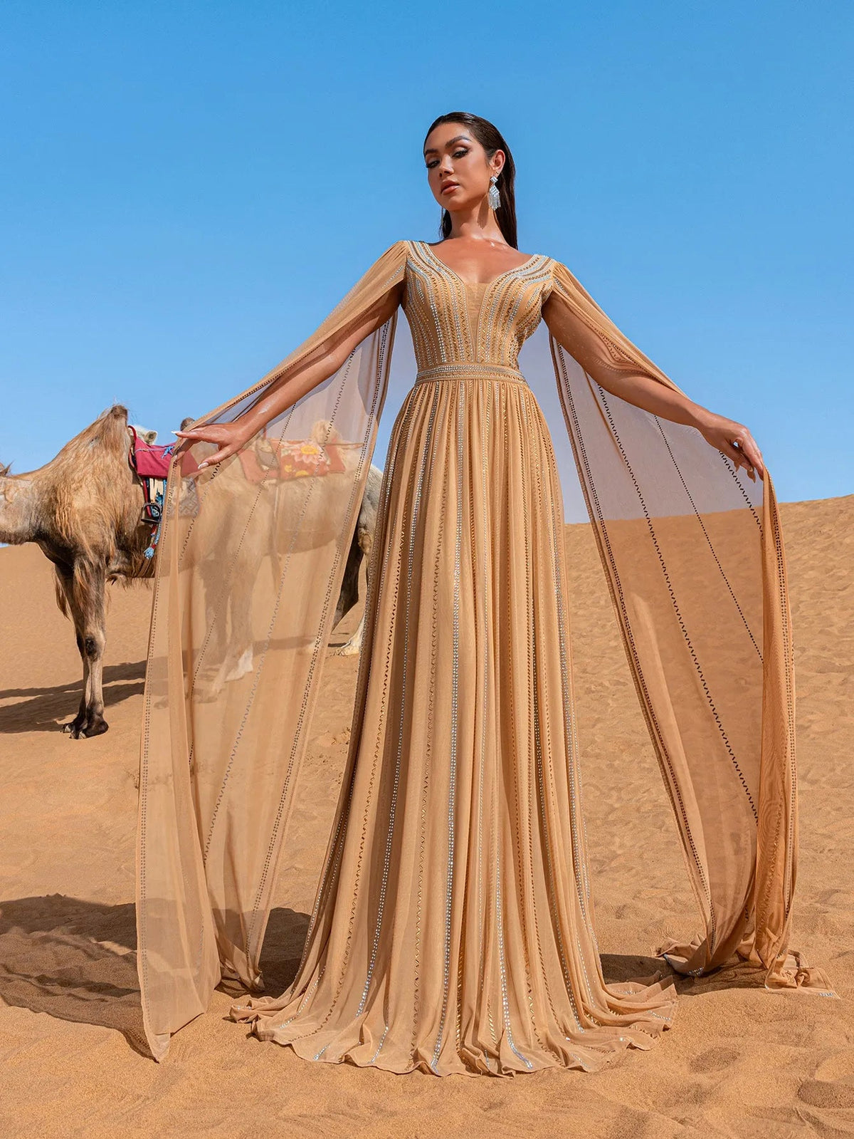 Luxury Gorgeous Rhinestone Detail Plunging Neck Cape Sleeves Formal Prom Dress – view 10