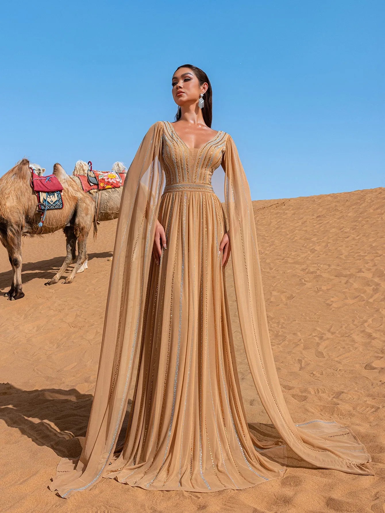 Luxury Gorgeous Rhinestone Detail Plunging Neck Cape Sleeves Formal Prom Dress – view 9