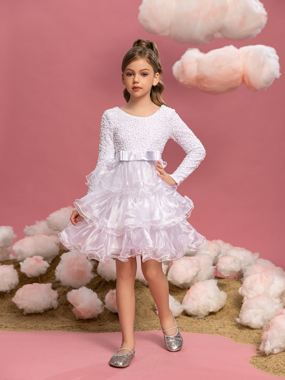 Additional product view of Sequin A-Line Long-Sleeve Midi Tween Girls' Party Dress