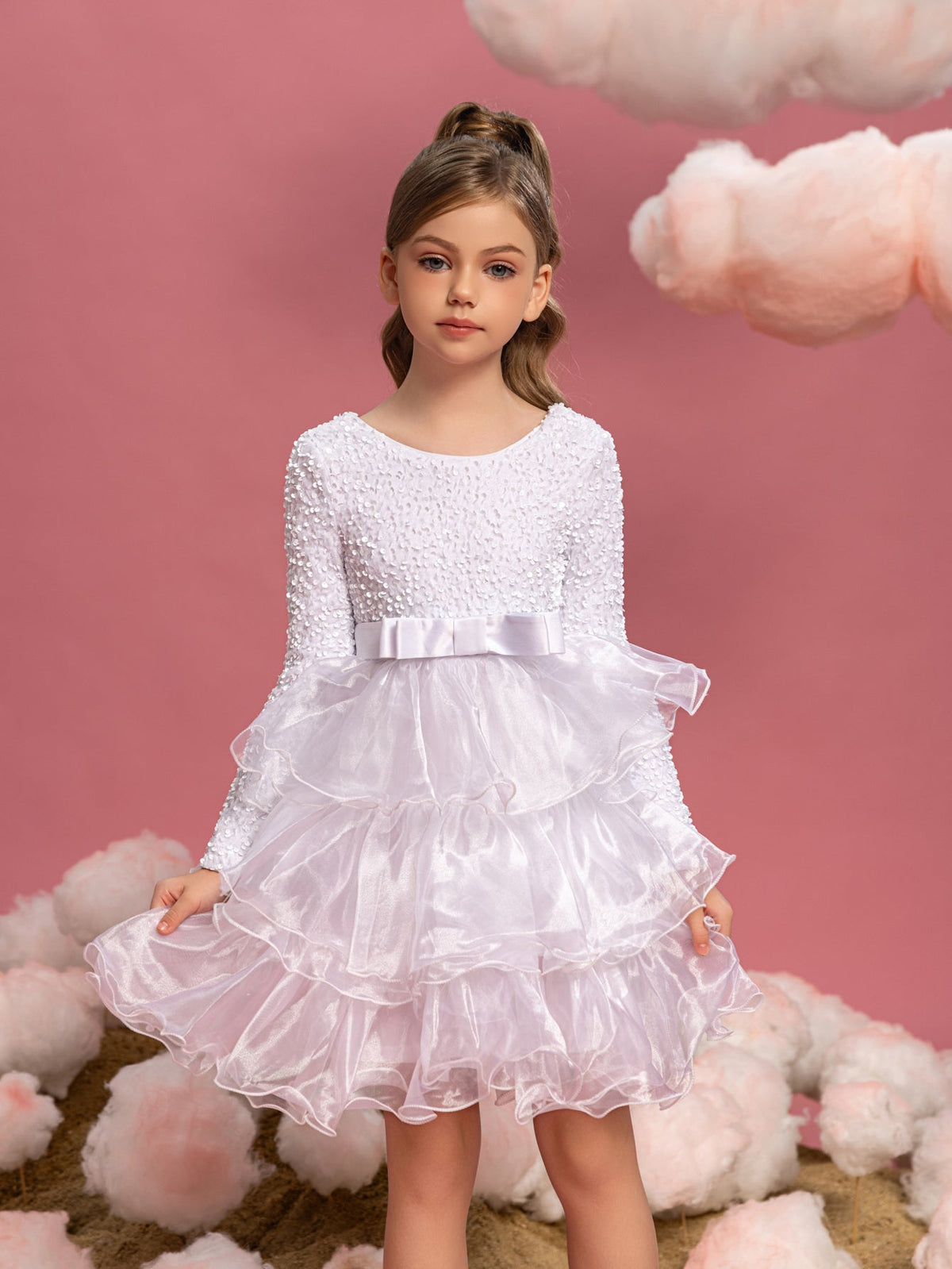 Alternate view of Sequin A-Line Long-Sleeve Midi Tween Girls' Party Dress in White