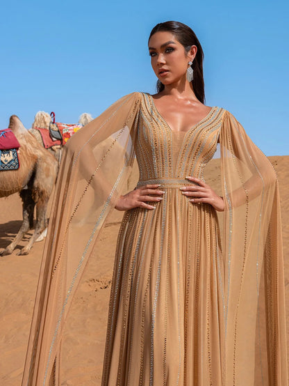 Luxury Gorgeous Rhinestone Detail Plunging Neck Cape Sleeves Formal Prom Dress – view 13
