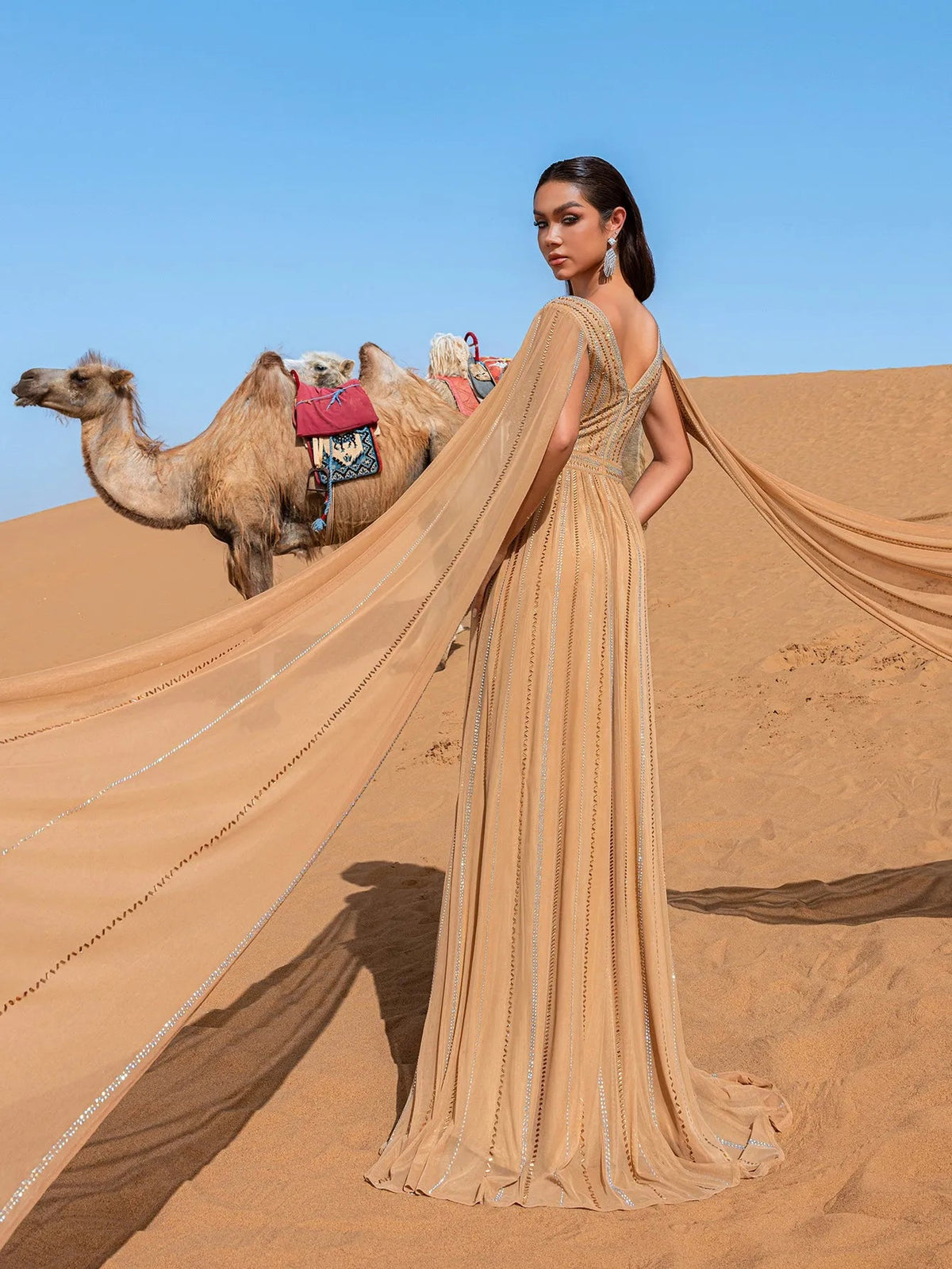 Luxury Gorgeous Rhinestone Detail Plunging Neck Cape Sleeves Formal Prom Dress – view 8